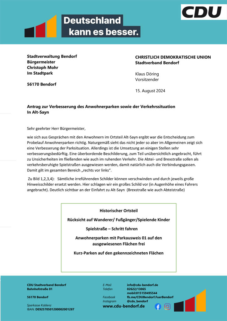 Antrag zur Verbesserung des Anwohnerparken sowie der Verkehrssituation In Alt-Sayn
