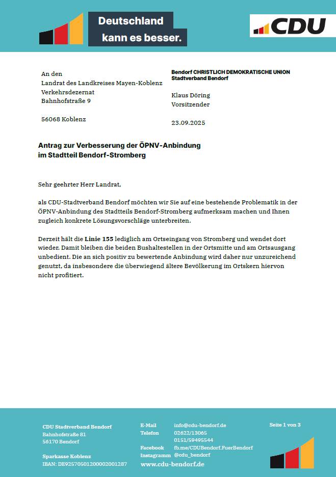Antrag zur Verbesserung der ÖPNV-Anbindung im Stadtteil Bendorf-Stromberg